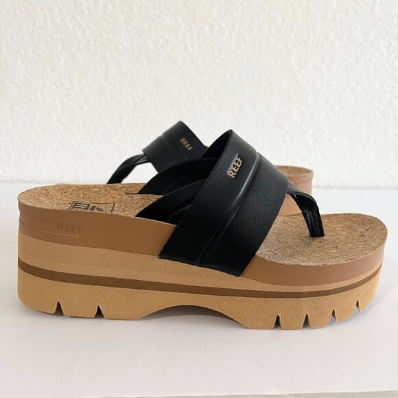 NEW REEF Vista Higher Lennox Platform Thong Comfort Sandal Vegan Leather Black 5 - Picture 2 of 13
